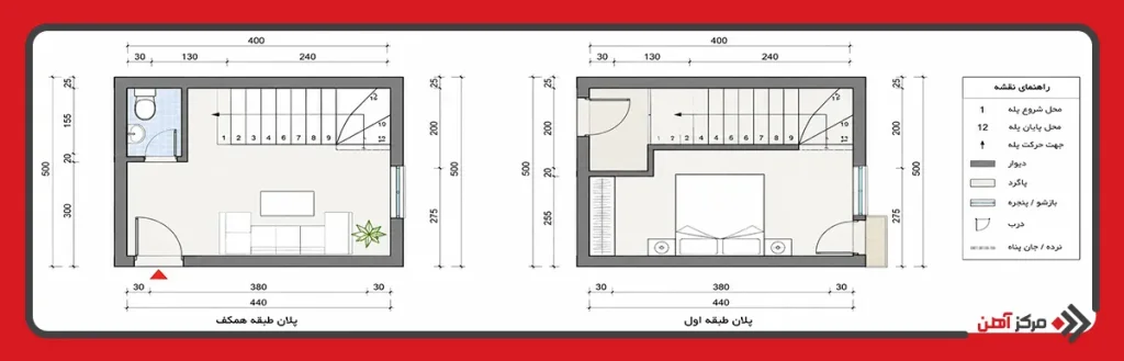 نقشه راه پله ساختمان دو طبقه