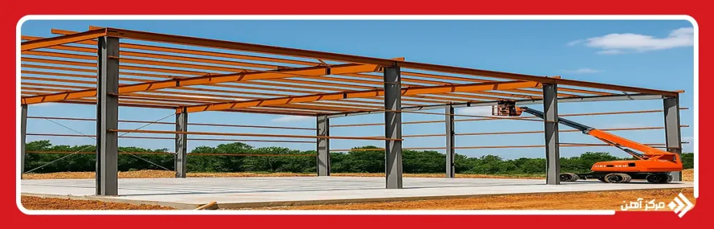 نمای یک سوله صنعتی در حال ساخت در یک زمین باز